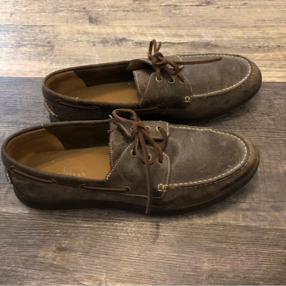 Cole Haan Men's 3-Eye dark gray Leather Boat Shoes, Size 13, C12250